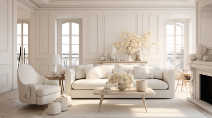 A bright, classically furnished living room with a white couch and white walls