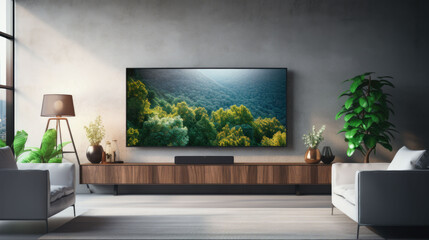 4K TV, on a wall above a wooden shelf in a minimalist room