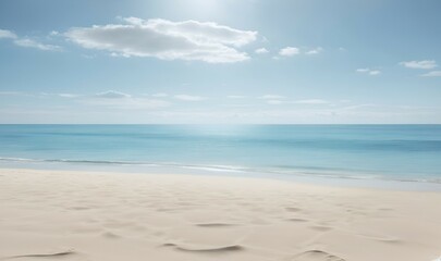 Minimalist background of a pristine, sunlit beach with soft, neutral sand and a calm, azure sea, evoking a sense of relaxation and coastal serenity. Copy space.