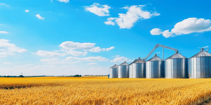Elevator. Large aluminum silos for storing cereals against the blue sky and voluminous clouds. A field of golden ripe wheat. Harvest season