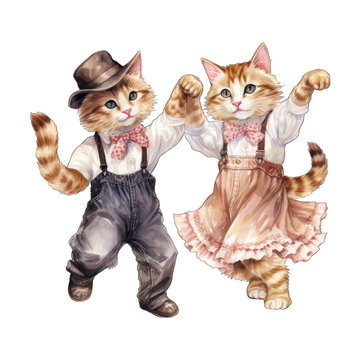 Square dancing cats, isolated on white background. Transparent PNG