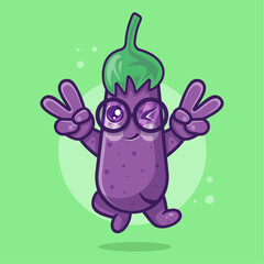 cool eggplant vegetable character mascot with peace sign hand gesture isolated cartoon in flat style design