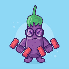 cute eggplant vegetable character mascot doing bodybuilding using dumbbell isolated cartoon in flat style design