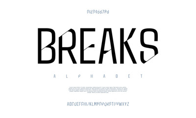 Obraz premium Breaks creative modern urban alphabet font. Digital abstract moslem, futuristic, fashion, sport, minimal technology typography. Simple numeric vector illustration