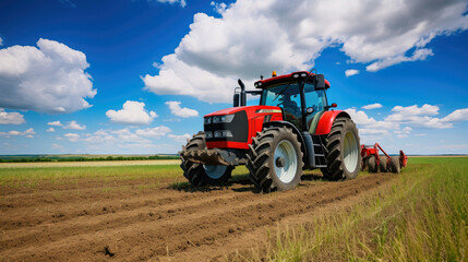 Obraz premium Red tractor plowing cereal field with sky with clouds