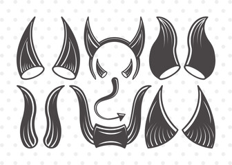 Naklejka premium Devil Horns SVG Cut File | Devil Tail Svg | Halloween Svg | Bat Svg | Devil Horn and Tail Svg | Bundle | Eps | Dxf | Png