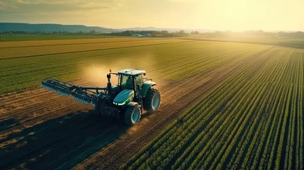 Foto op Canvas Aerial view of farming tractor plowing and spraying on field © Sasint
