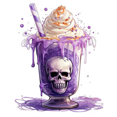 Elaborate fancy Halloween milkshake, with skull, isolated on white transparent background