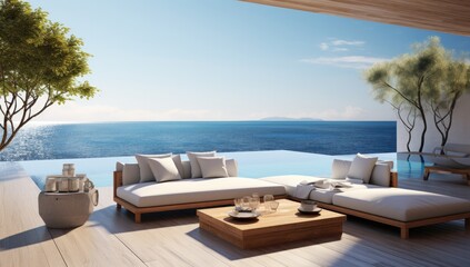 Obraz premium Outdoor lounge area overlooking the sea is shown.