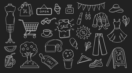 Summer city shopping. Goods sale. Doodle set on dark background. Clothing, shoes, perfume, jewelry, accessories.