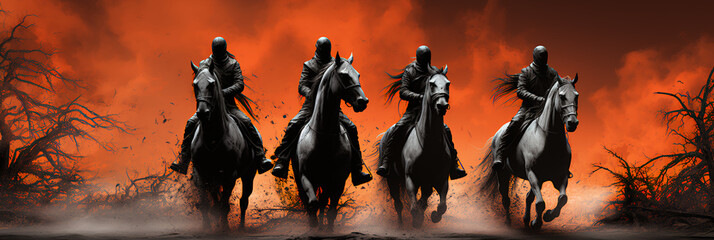 The four - 4 -  horsemen of the apocalypse - Armageddon - end of the world - prophecy - revelations. - bible - the last days - Israel - war - famine  - obrazy, fototapety, plakaty