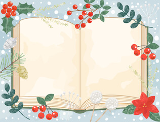 冬の読書をイメージした植物と本を組み合わせたイラスト
