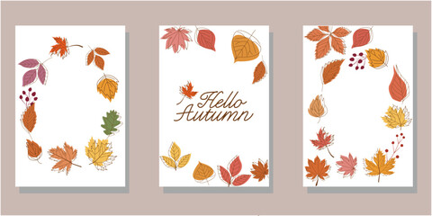 Set of Autumn template. Decorative Autumnal leaflet template collection. Seasonal greeting card. Vector illustraiton.
