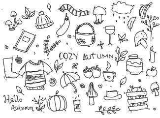 Hand drawn autumn doodle set. Includes autumn attributes such as hot tea, raincoat, leaves, candles, warm clothes and autumn gifts. 