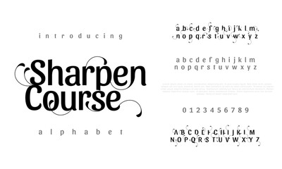Sharpencourse premium luxury elegant alphabet letters and numbers. Elegant wedding typography classic serif font decorative vintage retro. Creative vector illustration