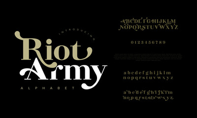 Riotarmy premium luxury elegant alphabet letters and numbers. Elegant wedding typography classic serif font decorative vintage retro. Creative vector illustration