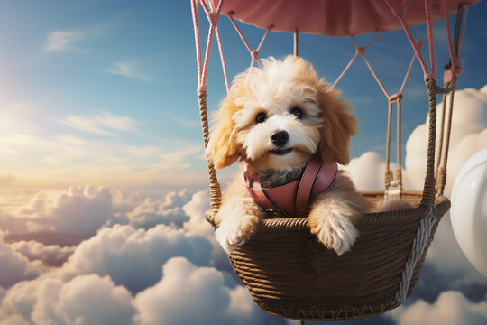 Generative AI Image of Cute Dog in a Hot Air Balloon Basket Flying in the Sky