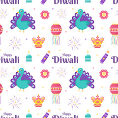 Happy Diwali Seamless Pattern Illustration Design with Light Festival of India Ornament in Cartoon Hand Drawn Template