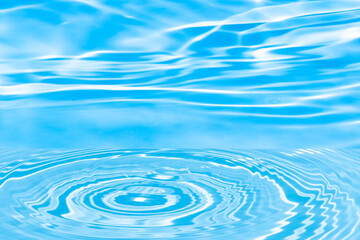 Defocus blurred transparent blue colored clear calm water surface texture with splashes reflection. Trendy abstract nature background. Water waves in sunlight with copy space. Blue watercolor shine.
