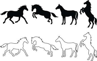 set of Black flat silhouettes of a rearing horses with editable stock . Prancing stallion pricked up its ears. Vector design element collection for equestrian goods isolated on transparent background.