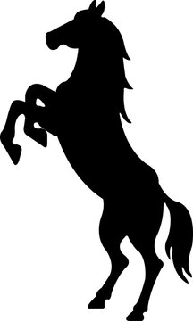 recommend clip art: Black flat silhouette of a rearing horse. Prancing stallion pricked up its ears. Vector design element for equestrian goods isolated on transparent background.