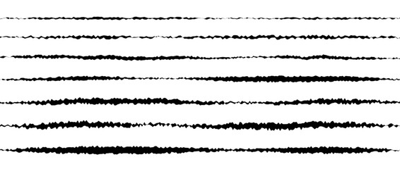 Jagged uneven line set. Black scribble stroke collection. Grunge wavy zig zag border stripe bundle. Edgy rough horizontal design elements pack for poster, banner, booklet, brochure, decoration. Vector