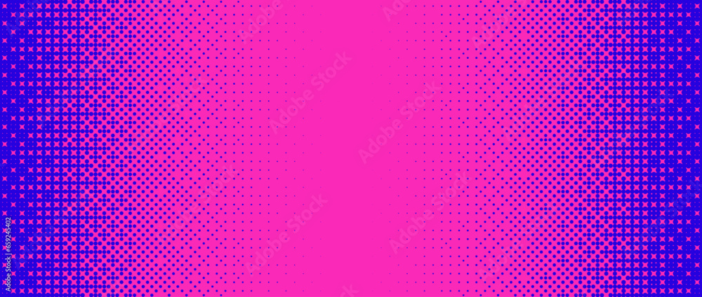 Poster Pixelated bitmap gradient texture. Blue and pink dither pattern background. Abstract glitchy pattern. 8 bit video game screen wallpaper. Wide pixel art retro illustration. Vector horizontal backdrop