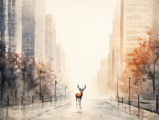 A Minimal Watercolor of a Deer on the Street of a Large Modern City