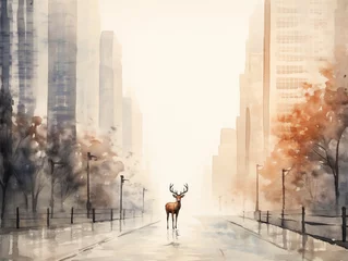 Keuken foto achterwand Aquarelschilderij wolkenkrabber A Minimal Watercolor of a Deer on the Street of a Large Modern City