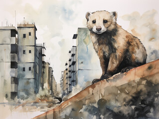 A Minimal Watercolor of a Ferret on the Street of a Large Modern City