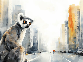 A Minimal Watercolor of a Lemur on the Street of a Large Modern City