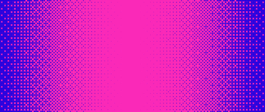 Pixelated bitmap gradient texture. Blue and pink dither pattern background. Abstract glitchy pattern. 8 bit video game screen wallpaper. Wide pixel art retro illustration. Vector horizontal backdrop