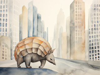 A Minimal Watercolor of an Armadillo on the Street of a Large Modern City