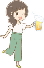 ジョッキに入った生ビールで乾杯するパンツスタイルの女性（全身）