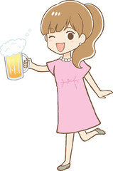 ジョッキに入った生ビールで乾杯するワンピースの女性（全身）