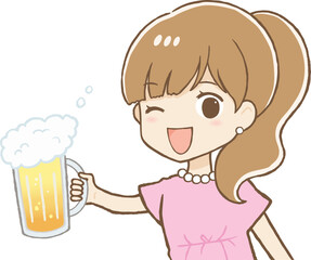 ジョッキに入った生ビールで乾杯するワンピースの女性（上半身）