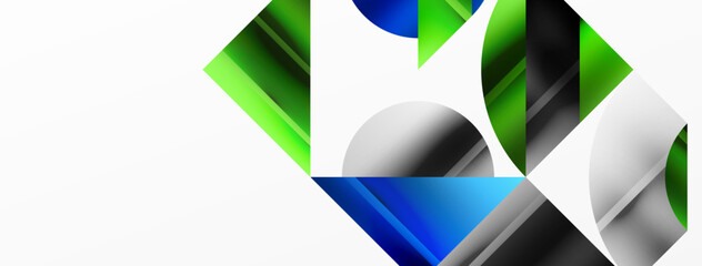 Elegant minimalist background with color metallic circles and triangles, creating harmonious composition of geometric shapes for wallpaper, banner, background, landing page