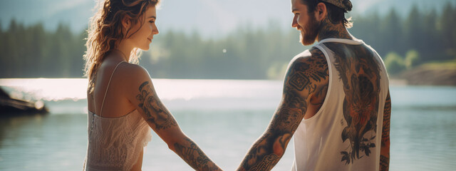 Young happy Scandinavian couple with tattoos hugging on the shore of a mountain lake - obrazy, fototapety, plakaty