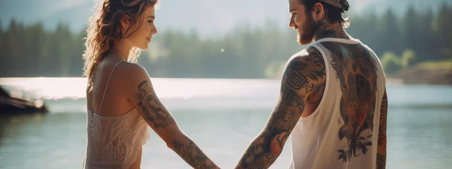 Foto op Aluminium Young happy Scandinavian couple with tattoos hugging on the shore of a mountain lake © muzhchil