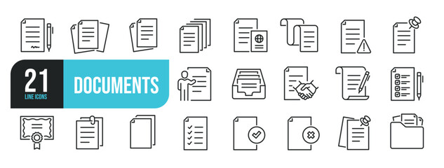 Set of line icons related to documents, contract, passport, resume, archive. Outline icons collection. Editable stroke. Vector illustration.