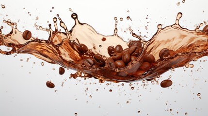 An isolated white background shows a wave of coffee splashing with beans