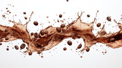 An isolated white background shows a wave of coffee splashing with beans