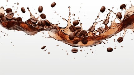 An isolated white background shows a wave of coffee splashing with beans