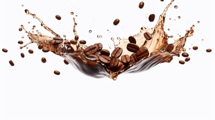 An isolated white background shows a wave of coffee splashing with beans - obrazy, fototapety, plakaty