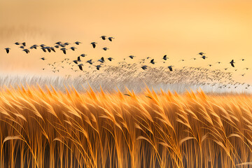 Migratory birds flying in a golden reed field Generative AI - obrazy, fototapety, plakaty