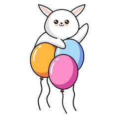 Cute little bunny with figure one, blue balloon and bow tie