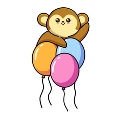 Cute little monkey with figure one, blue balloon and bow tie