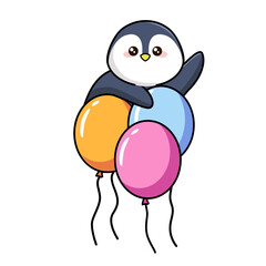 Cute little penguin with figure one, blue balloon and bow tie