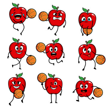 apple set cartoon basketball vector