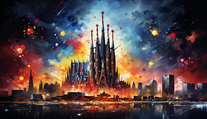 Explosive Colors, Abstract Art of La Sagrada Familia with Fireworks - obrazy, fototapety, plakaty